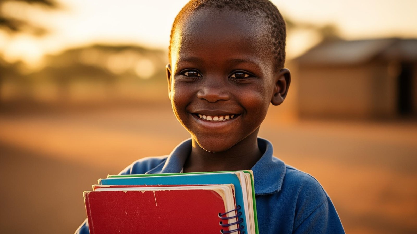 Enfant souriant tenant ses cahiers